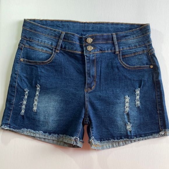 NWT Distressed Deep Blue Cutoff Denim Two Button High Waist Shorts - Picture 1 of 16